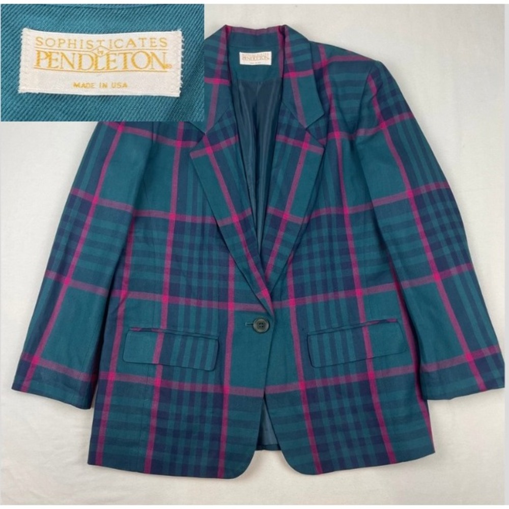 Sophisticates by Pendleton Vintage Plaid Blazer Teal Pink Rayon USA Made Size 10